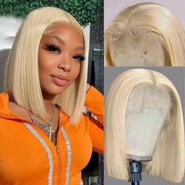13X4 HD Transparent 613 Blonde Bob Wig Human Hair Lace Front Wigs Pre Plucked With Baby Hair 100% Unprocessed Glueless Wig Human Hair Blonde 613 Blunt Cut Short Bob Lace Frontal Wigs For Black Women