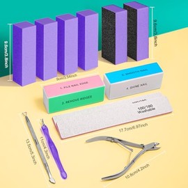 TsMADDTs Kit de pulidor de uñas de 13 piezas con bloque de pulido de 4 vías, bloque de lijado de 3 vías, 100/180 limas, recortador de cutículas, kit d