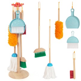 Kids Cleaning Set, Housekeeping Play Set Includes Broom Mop Duster Dustpan Brushes Rag and Organizing Stand, Cleaning Toys Gift for Toddlers Girls Boys Age 3-6, Solid Beech Wood (Blue)