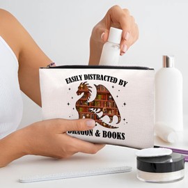Wings Dragon Books Reading Makeup Bag, Cute Gifts For Books Novel Lovers, Easily Distracted Cosmetic Bag, Travel Toiletry Pouch With Zipper, Birthday Anniversary Christmas Gifts For Mom Sister