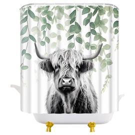 JEJOMEAG Funny Highland Cow Shower Curtain Sage Green Leaves Watercolor Plant Cute Grey Animal Western Country Fabric Bathroom Curtain with Hooks, 70Wx70H