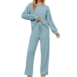 Blooming Jelly Womens Cute Pajama Sets 2 Piece Lounge Set Long Sleeve Ribbed Fleece Fall Loungewear Pockets (S, Light Blue)
