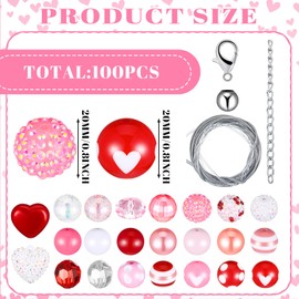 Poen 100 Pcs Valentine's Day 20 mm Bubblegum Beads Set for Jewelry Making Bulk Mixed Red Pink White Chunky Beads for Necklace Craft Holiday Supplies