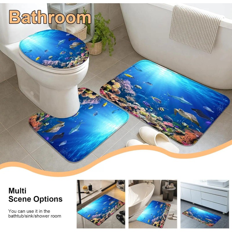 4-Piece Sunlight Sea Fish Ocean Theme Bathroom Set with Rugs