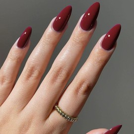 Wine Red Press on Nails Acrylic Almond Fake Nails Short Length Glue on Nails Artificial Glossy False Nails Solid Color Designs Full Cover Stick on Nails for Women Girls 24Pcs