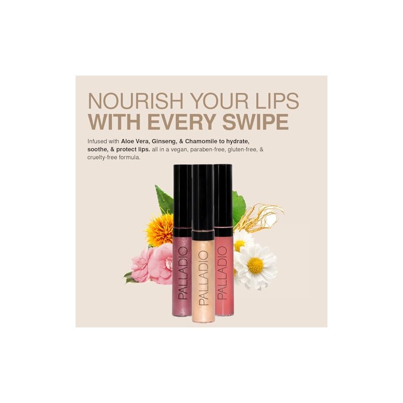 Palladio Lip Gloss, Brillo de Labios No Pegajoso, Ofrece Color