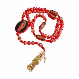 BONITTER Black Holy Death's Necklace Wooden Santa Muerte Necklace Red Rosaries Beads Blessing Crafted Rosario de la santa muerte Prayer Gift For Women Men, One Size, Wood, No Gemstone