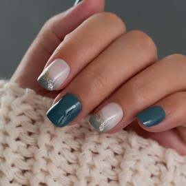 Press On Nails - Blue Glittery, Square Tip, Salon Quality Professional DIY Nails, Everyday Glossy Stick On Nails, Glue On Nails For Women and Girl Gift, Ready to Wear 24 Pcs Nail Kit, Reusable Fake Nails in 12 Sizes, Short Length Faux Nails.