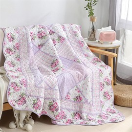 ONEUSTAR Quilt Throw Blanket 60" x 80" Twin Size Purple Floral Patchwork Bedspread 100% Cotton Stitching Reversible Quilted Throw for Bed Couch Sofa Chair