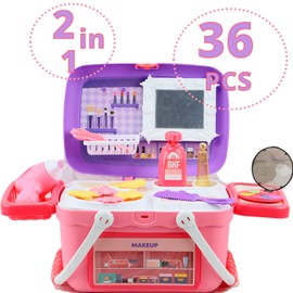 Shape28 Pretend Beauty Playset Basket 36 Pcs Kids Makeup Set Pretend Play Toy Makeup for Kids Perfect Toy for 3 4 5 6 7 Girls