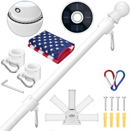 ZMTECH 5FT Flag Pole Kit with Solar Light and Proud American Flag, Adjustable Bracket and Upgraded Tangle-Free Ring 1" Stainless Steel Flagpole for Day and Night, Residential, Commercial, White