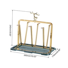uxcell Cup Drying Rack with Drain Tray, 235x245mm Bottle Drying Rack, 6 Cups Mug Glass Bottle Organizer with Silicone Protective Hooks for Home Counter, Office, Kitchen (Gold)
