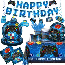Gamer Birthday Party Decorations Tableware,142pcs Video Game Birthday Decorations Include Gamer Birthday Plates and Napkins,Banner,Tablecloth,Cup,Disposable Blue Gaming Birthday Decorations for Boys