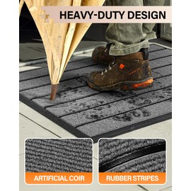 Front Door Mat for Outdoor Entrance: All Weather Non-Slip Welcome Mat for Indoor Entryway, Patio, Garage, Porch - Thin Absorbent Dirt Trapper Doormat - Weatherproof, Easy to Clean - 30" x 17", Gray
