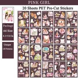 CraftBloom 20 Sheets Pink Girl Sticker Book for Scrapbooking Supplies, Aesthetic Pre-Cut Journaling Sticker for Junk Journal Kit, Die-Cut PET Ephemera for Bujo Planner Arts Craft