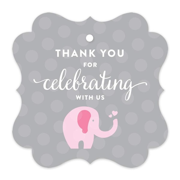 Andaz Press Pink Girl Elephant Baby Shower Collection, Fancy Frame Gift Tag, Thank You for Celebrating with Us!, 24-Pack