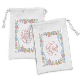 Ambesonne Engagement Party Fabric Pouch Set of 2, We Are Engaged Celebration Balloons Stars Swirls Vintage Image, Small Drawstring Bag for Toiletries Masks and Favors, 9" x 6", Pink Blue and Green