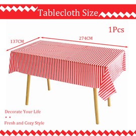 137*274cm Red and White Stripes TableCloth Table Cover Party,Union Jack Table Cloth,Rectangular Tablecover Plastic Red Table Cloth Party for Picnic,Baby Shower,Christmas,Birthday Parties Decorations