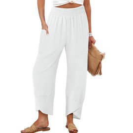 PEXIBROY Womens Baggy Wide Leg Pants Casual Elastic High Waisted Beach Palazzo Harem Trousers with Pockets White