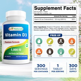 Best Naturals Vitamin D3 – 300 Tablets – Made in USA, Non-GMO, Gluten Free, No Artificial Color, Flavor or Preservatives – Dietary Supplement (5000 IU)