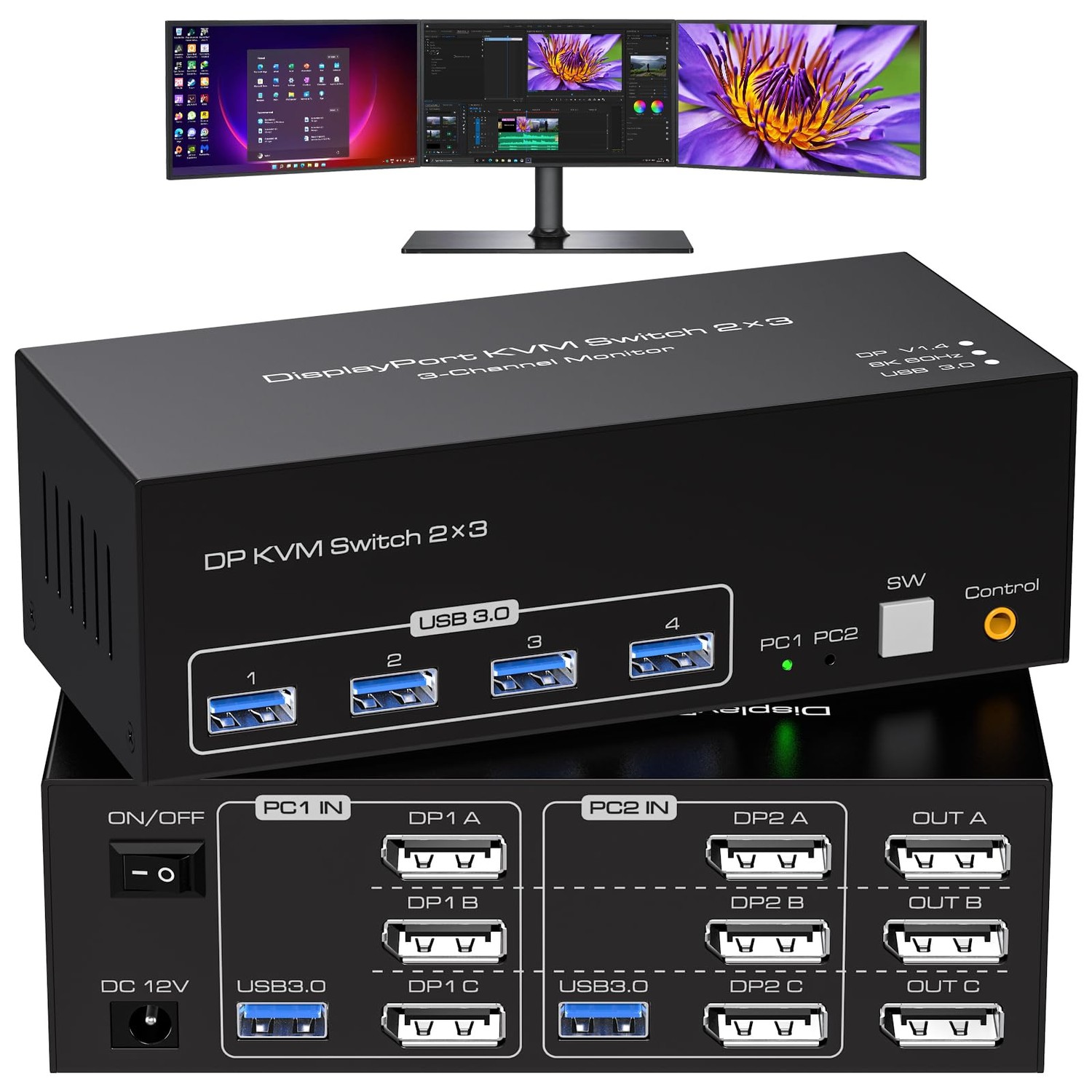 ATLAHET 8K Displayport KVM Switch 3 Monitor 2 Computer 8K 60Hz 4K 120Hz ...