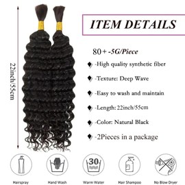 Deep Wave Boho Braids Curly Hair Extensions 22 Inch Water Wave Bulk Braiding Hair Bundlesfor Boho Braids Wet and Wavy Braiding Hair 2Bundles (#1B/Natural black, 22inch/55cm)