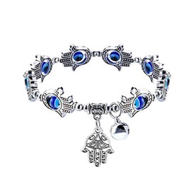 Zeshimb Evil Eye Hamsa Bracelet - Crystal Beaded Fatima Hand Bracelet with Stretch Sideway Blue Eye Hamsa Design - Turkish Lucky Jewelry for Women and Men