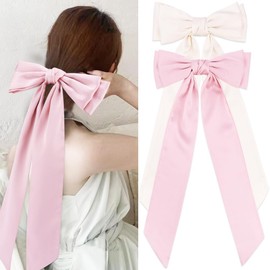 Ahoney 2 Pack Long Tail Big Hair Bows Clips for Women, Silky Satin Hair Bows Clips, 15" Extra Long Ribbons for Hair, Cute Hair Accessories Barrettes (Pink&White)