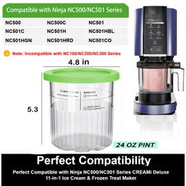 Pints and Lids for Ninja CREAMi Deluxe NC501, NC500 Series Ice Cream Maker Containers 24oz Cup Extra Replacement Pint 2 Pack, Leakproof Reusable Dishwasher Safe, Blue Green