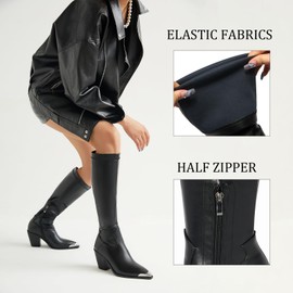ElegaStep Women Knee High Boots Leather PU Stretch Slim Calf Block Chunky Heel Metal Pointed Toe Cowboy Dressy Tall Boots Black Size 39