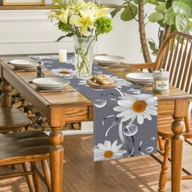 Grey Modern Table Runner Living Room, Linen, Sunflower Spring Flowers Table Runner for Dining Table Decoration Tablecloth Summer Washable Kitchen Party Indoor and Outdoor Decor (33 x 120 cm, Grey)