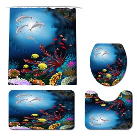 Blue Ocean Bathroom Sets with Rugs and Accessories for Boys and Girls White Dolphins and Fish Shower Curtains with Bath Mat and Toilet Seat Cover