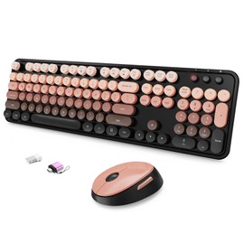 SkyGive Wireless Keyboard and Mouse Combo, Ergonomic Full Size Typewriter Retro Round Keycaps Keyboard, Compatible with Windows, PC, Perfer for Home and Office Keyboards (Aurora Red)