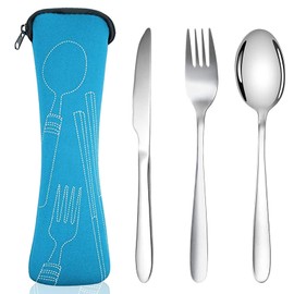 Acehome Cutlery Set with Portable Pouch Case, Stainless Steel Flatware Camping Utensil Set with Neoprene Bag for Outdoor Travel Picnic Office School Lunch Box (3 Pcs Blue)