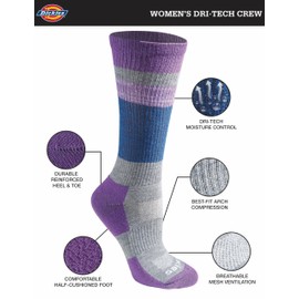 Dickies Women's Dri-Tech Fashion Moisture Control Crew Socks, Available in S-XL (5, 6, 12, Blue Mountain (6 Pairs), Small