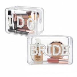 OHiZVZV 2-Piece Bride Makeup Case Set, Cosmetic Pouch & Toiletry Pouch for Wedding Day (Clear with BRIDE & I DO Rhinestone Letters)