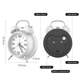 Yumyolk Classic Analogue Alarm Clock with Snooze Function, Vintage Quiet Quartz Movement, Crescendo Alarm, White