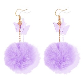 Fashion Butterfly Earrings for Women,Colorful Pom Pom Drop Dangle Earrings Lovely Long Tassel Statement Fluffy Earring Christmas Valentines Jewelry Gift (Purple)