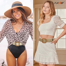 SUOSDEY Pack of 2 Straw Woven Elastic Stretch Waist Belt for Women Summer Boho Wide Waist Dress Band Braided Belt, A: khaki + sand colour