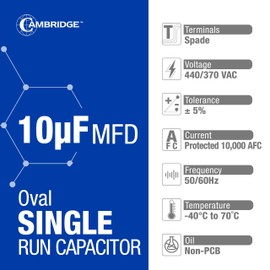 10uF 10 MFD ±5% 370/440VAC Single Run Oval Start AC Capacitor for A/C Motor Run Capacitor Fan Start Condenser Capacitors Indoor Electrical Blower Motors