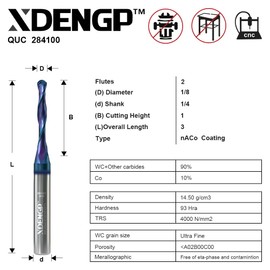 XDENGP - Broca de punta de bola cortada hacia arriba para CNC, diámetro de corte de 1/8 pulgadas y longitud de corte de 1/4 pulgadas con fresa de extremo de carburo recubierto NACO para fresado
