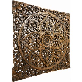 Floral Wood Carved Wall Art Panel. Decorative Bali Asian Home Decor Headboard (24"x24", Brown)