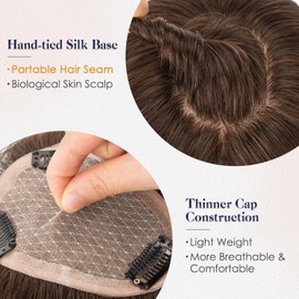 Elailite Human Hair Toppers for Women Real Human Hair Thinning Thin 9 * 12CM Silk Base Clip in Remy Hairpieces Hand-Tied 16 Inch Dark Brown