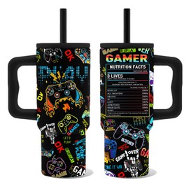 Game Gifts for Men Boys, Gamer Tumbler with Handle and Straw 24 Oz, Stainless Steel Gaming Insulated Travel Mug Cup Stuff, Gamer Birthday Gifts for Kids Boy Him Son Dad Husband