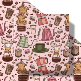 LeZakaa Coffee Wrapping Paper Roll, Brown Café Theme, with Moka Pot, Filter, Grinder, Cup, Elegant Design, for Lovers, Housewarming, Daily Use, for Adults, Men, Women, Mini Roll 17 in x 16.4 Ft