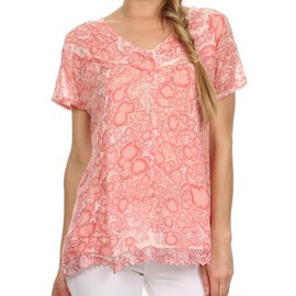 Sakkas 15776 - Charolette Embroidery and Seqiun Accents Blouse - Coral - OSP