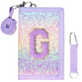 SiorVeol Girls Wallet for Kids Initial Glitter Wallets Trifold with Zipper and Card Slots Including Neck Lanyard and Hanging Strap, Pink Purple, G, Pink Purple, G