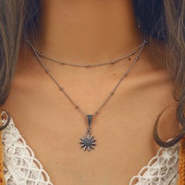 Cimenexe Bohemian Layered Sunflower Choker Necklace Sun Flower Pendant Necklace Chain Silver Sunshine Necklace Choker Vintage Satellite Choker Necklace Jewelry for Women and Girls