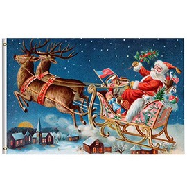 Wamika Merry Christmas Flag 3x5 FT Winter Holiday Vintage Santa Sleigh Deer Flying Snow Village Night Garden Yard House Flags Banner Indoor Outdoor Party Christmas Decorations Single-sided