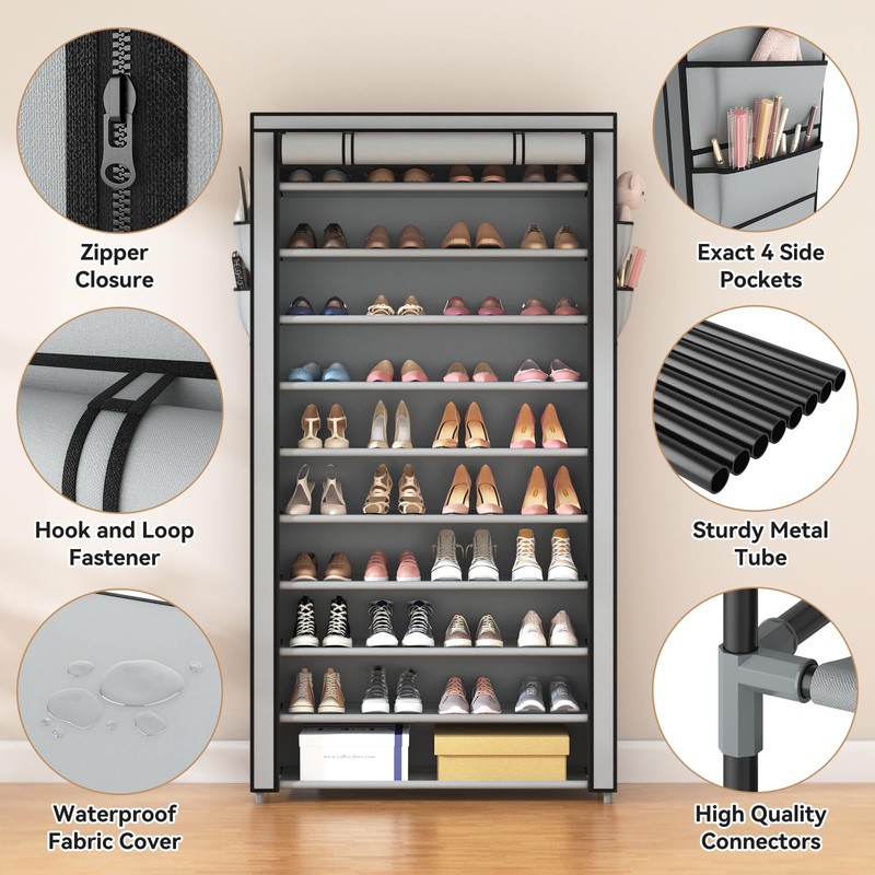 ROJASOP Shoe Rack with Covers, Stackable 10 Tier Tall Shoe